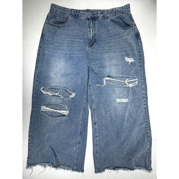 Cider Baggy Y2K Jeans 38X26 2XL Skater Parachute Wide Leg Distressed Raw Hem EUC - Picture 1 of 8